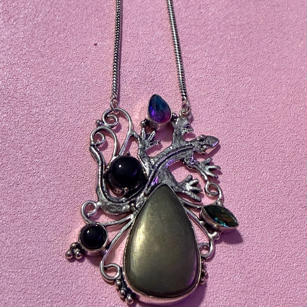 Sterling Silver PyriteBi-Color Tourmaline, and Black Onyx lizard Necklace